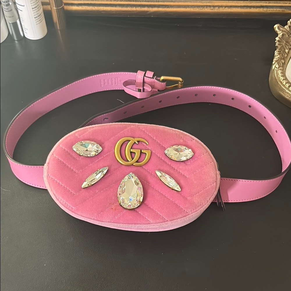 Gucci Pink Belt Bag with Gold GG and Crystal Details